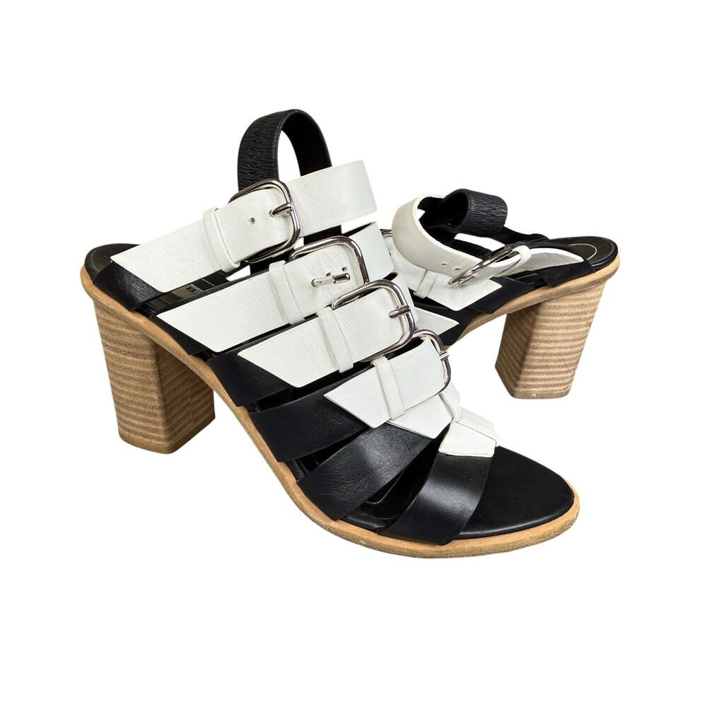 Balenciaga Bicolor Leather Buckle Sandals Black White Heels IT 36.5 US 6.5 - Picture 10 of 11